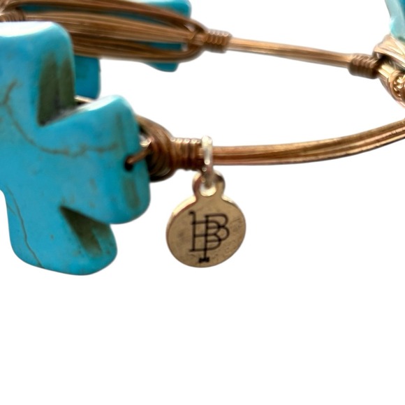 Bourbon and Bowties Turquoise Cross Wire Wrap Bangle Bracelet Boho Brass Tone - Picture 2 of 7